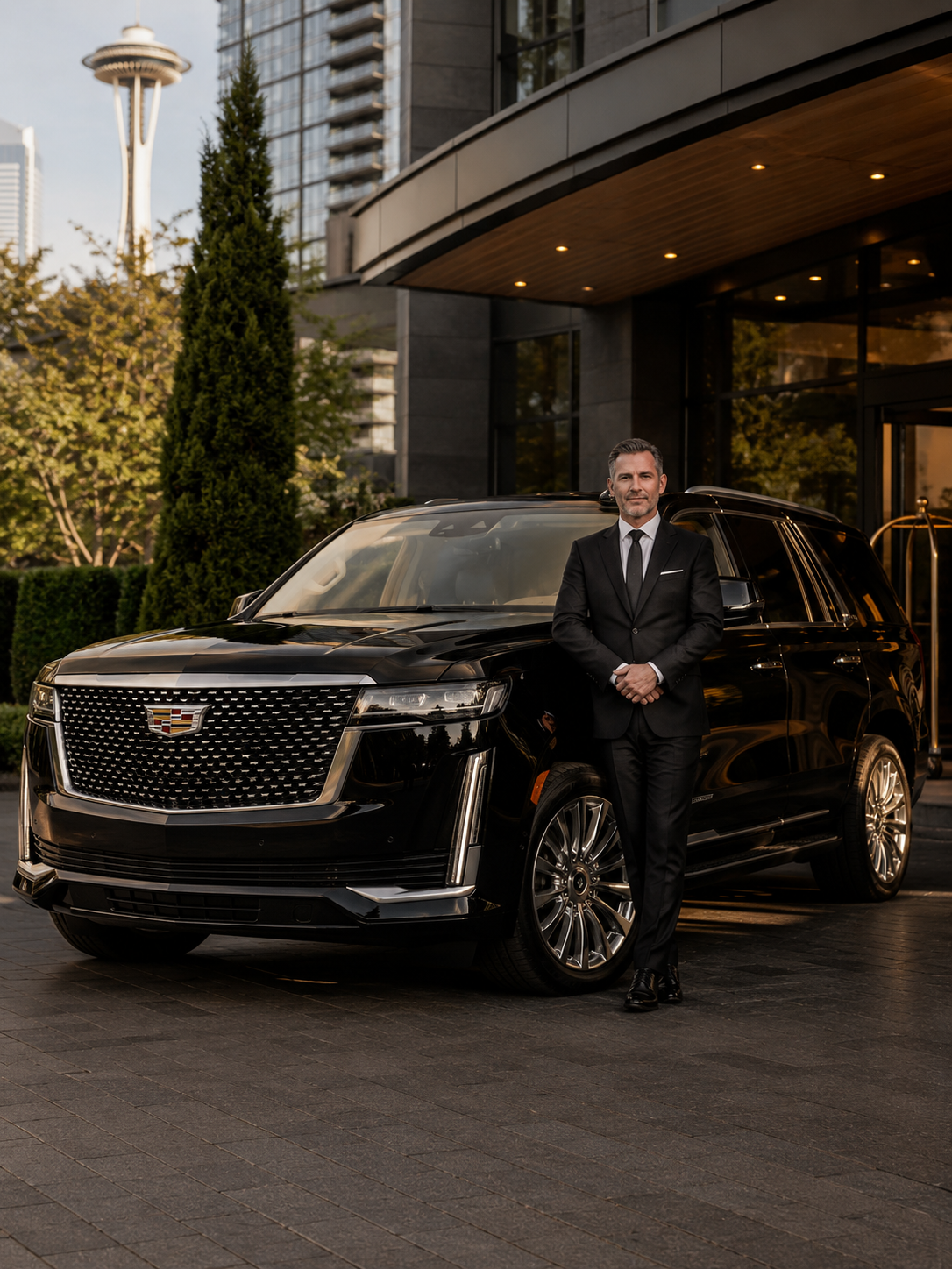 Emerald City Limos founder Kenneth Waweru beside a black Cadillac Escalade in downtown Seattle