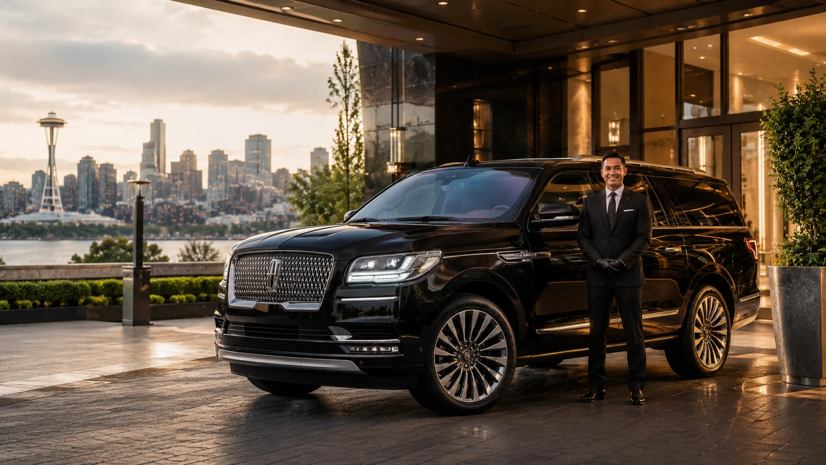 Emerald City Limos founder beside a black Cadillac Escalade with the Seattle skyline visible in the background