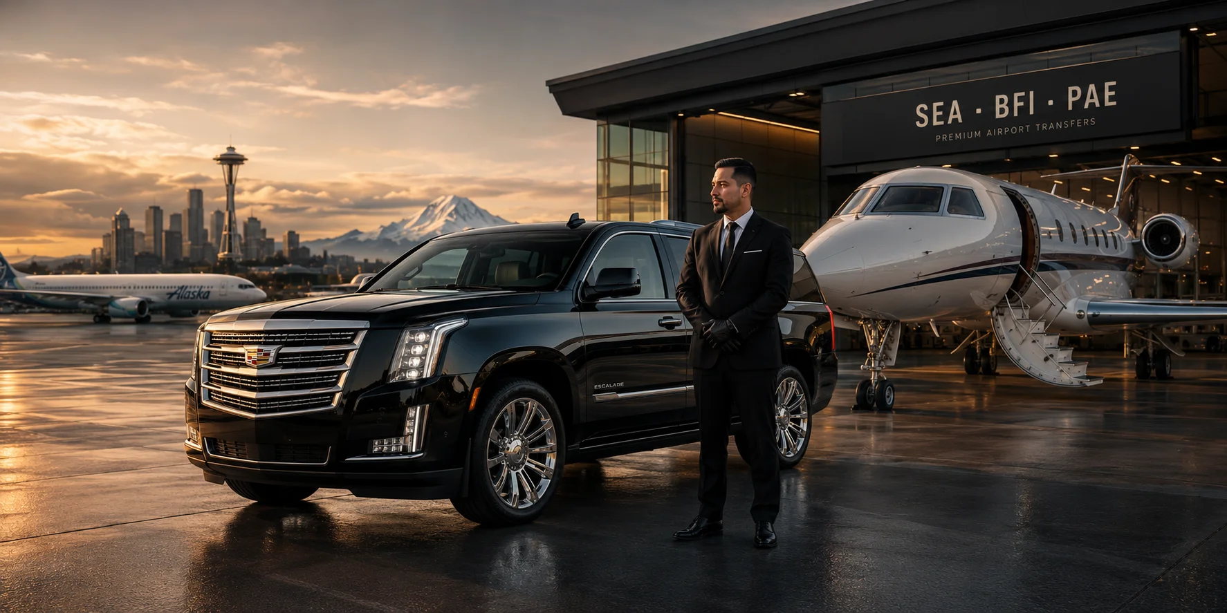 Chauffeur at SEA-TAC International Airport arrivals curb with luxury black SUV