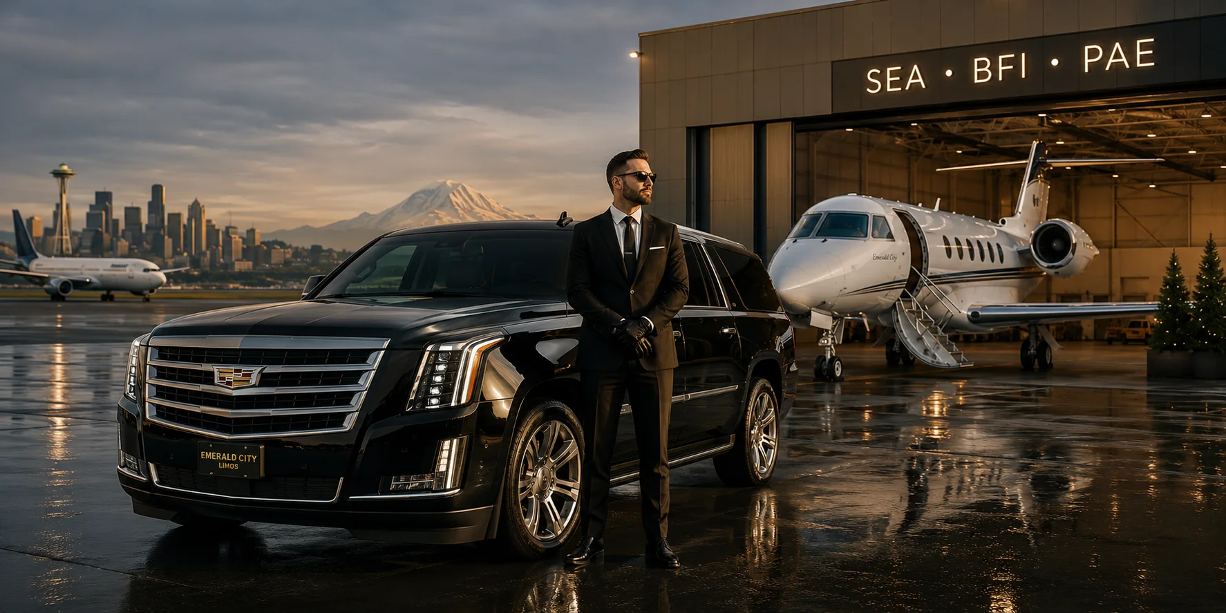 Black luxury chauffeur sedan waiting curbside at SEA-TAC Airport arrivals