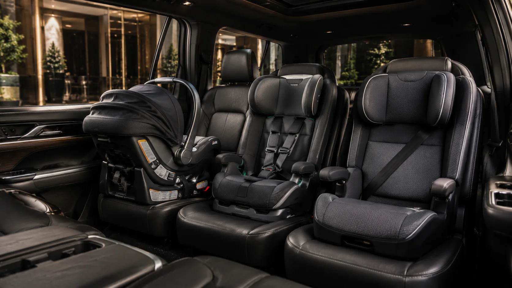 Properly installed infant car seat in the rear of a luxury black SUV