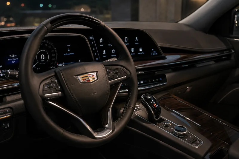 Black Cadillac Escalade ESV — front three-quarter view