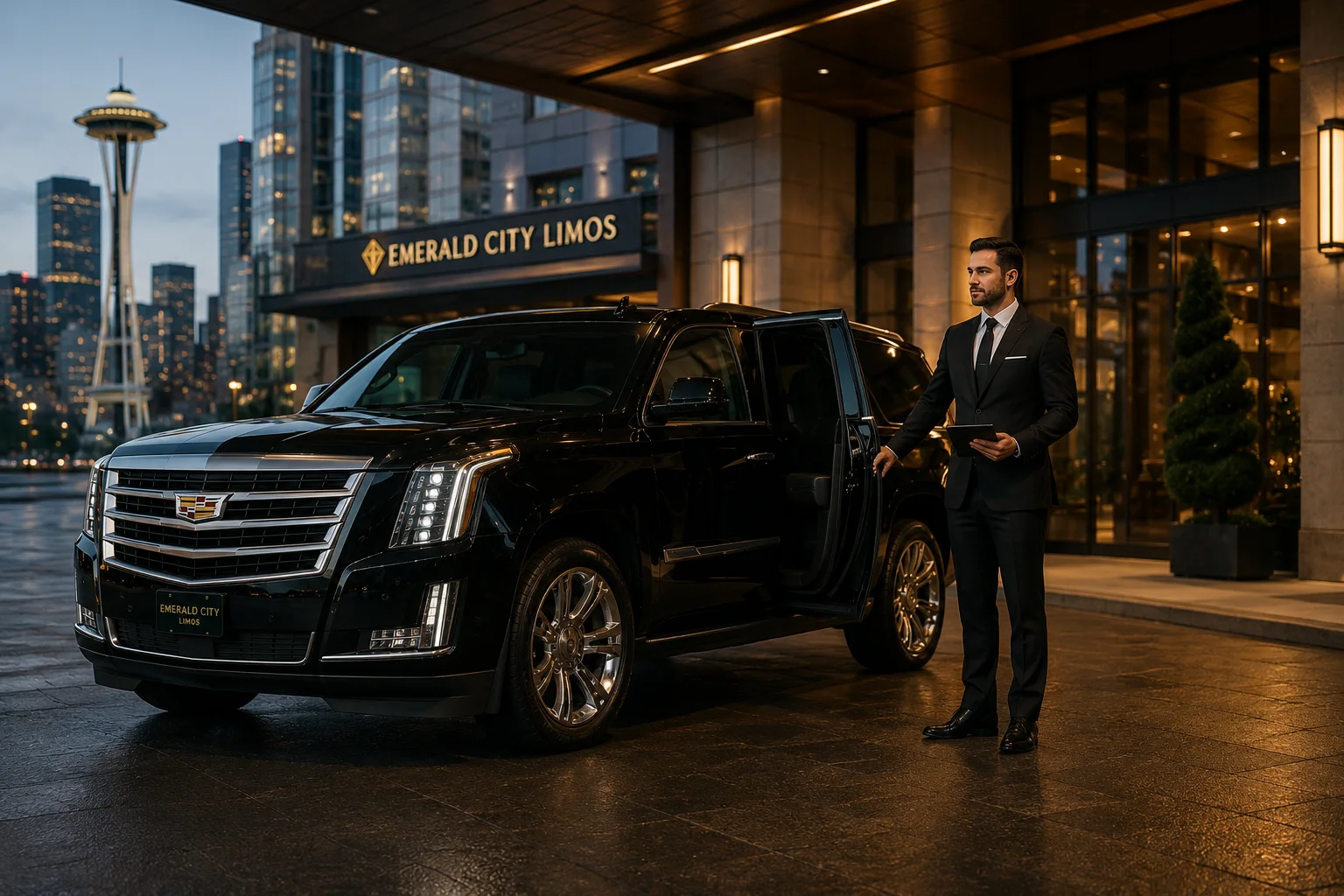 Emerald City Limos dispatch operator with luxury fleet ready in the background