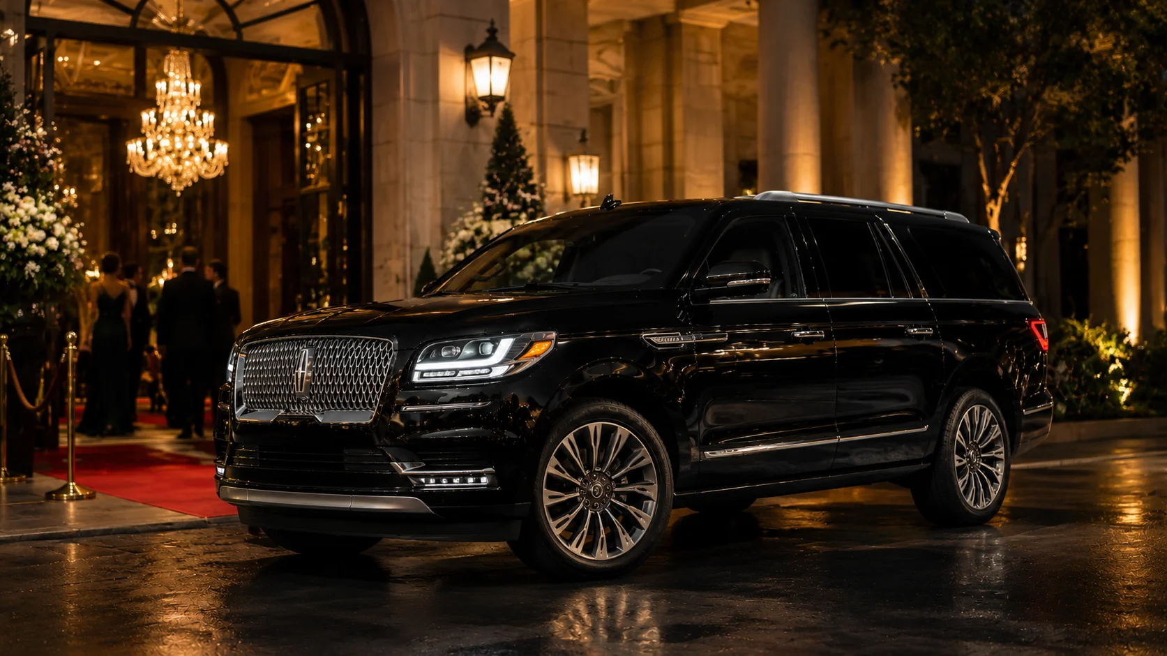 Couple stepping out of a black luxury limousine at an evening event