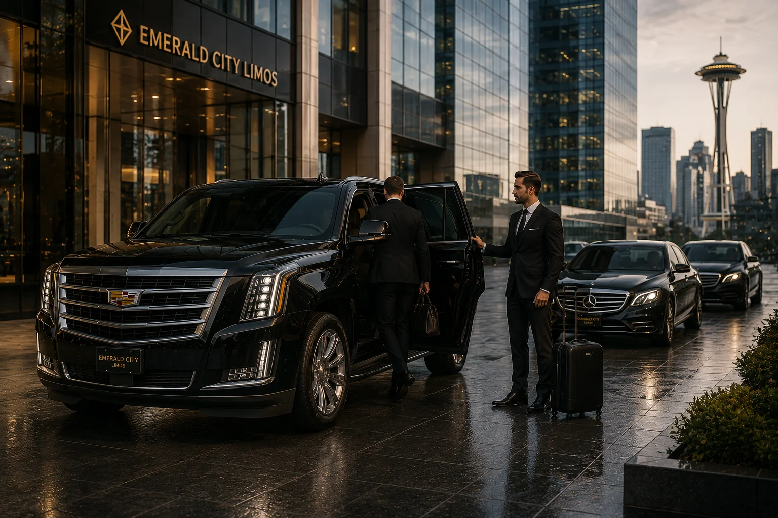 Executive chauffeur opening luxury black sedan door for business traveler