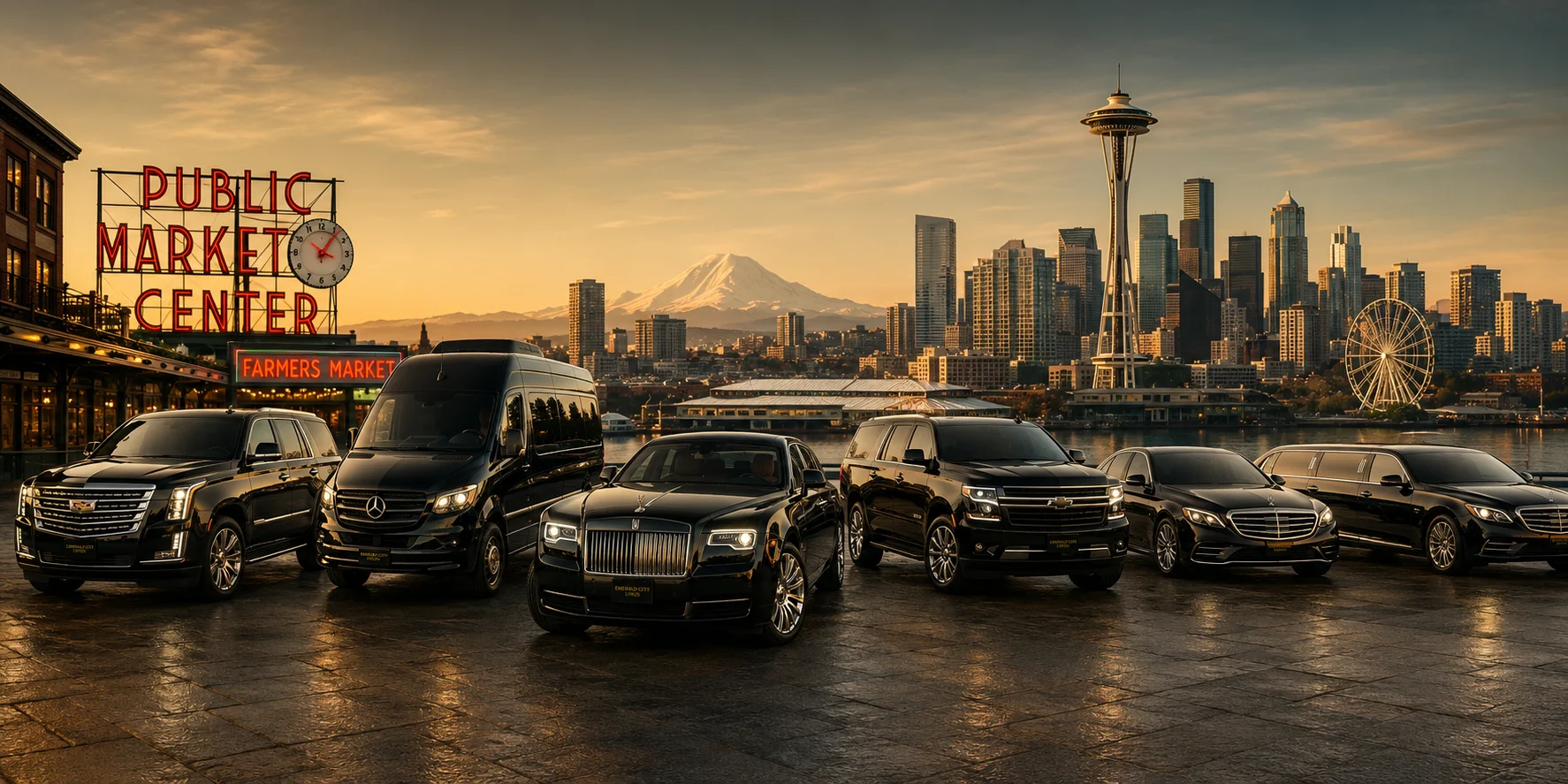 Emerald City Limos luxury fleet — Cadillac Escalade with Seattle skyline backdrop