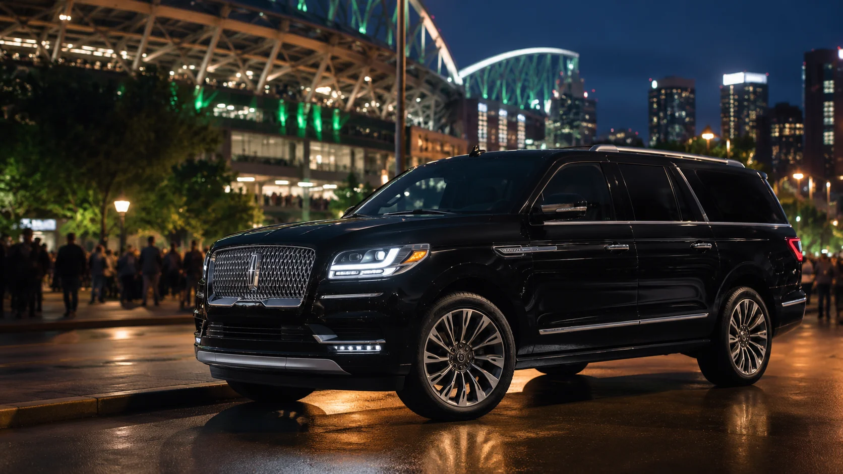 Black luxury SUV at the entrance of a Seattle sports stadium on game day