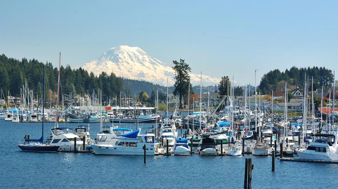 Luxury black SUV chauffeur service overlooking Gig Harbor waterfront marina
