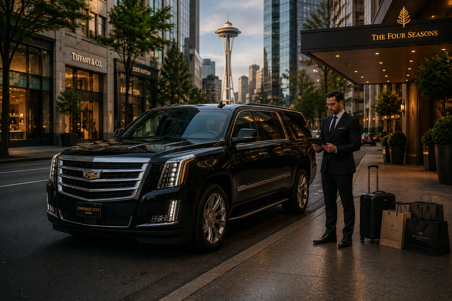Chauffeur waiting beside a luxury black SUV at a Seattle hotel entrance