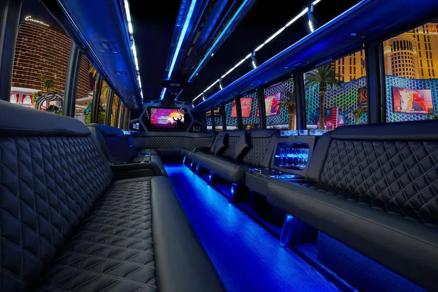 Party bus interior — lounge seating with LED lighting