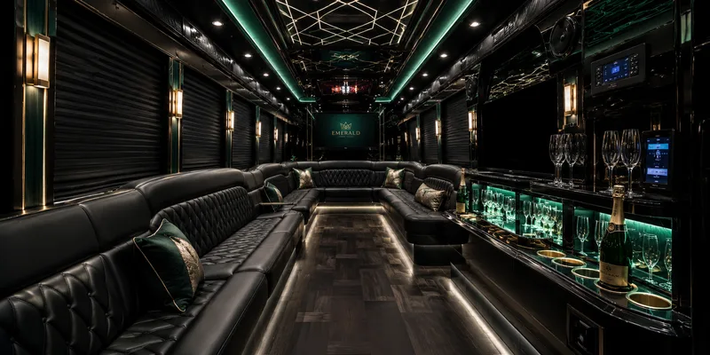 Party bus interior, lounge seating with LED lighting