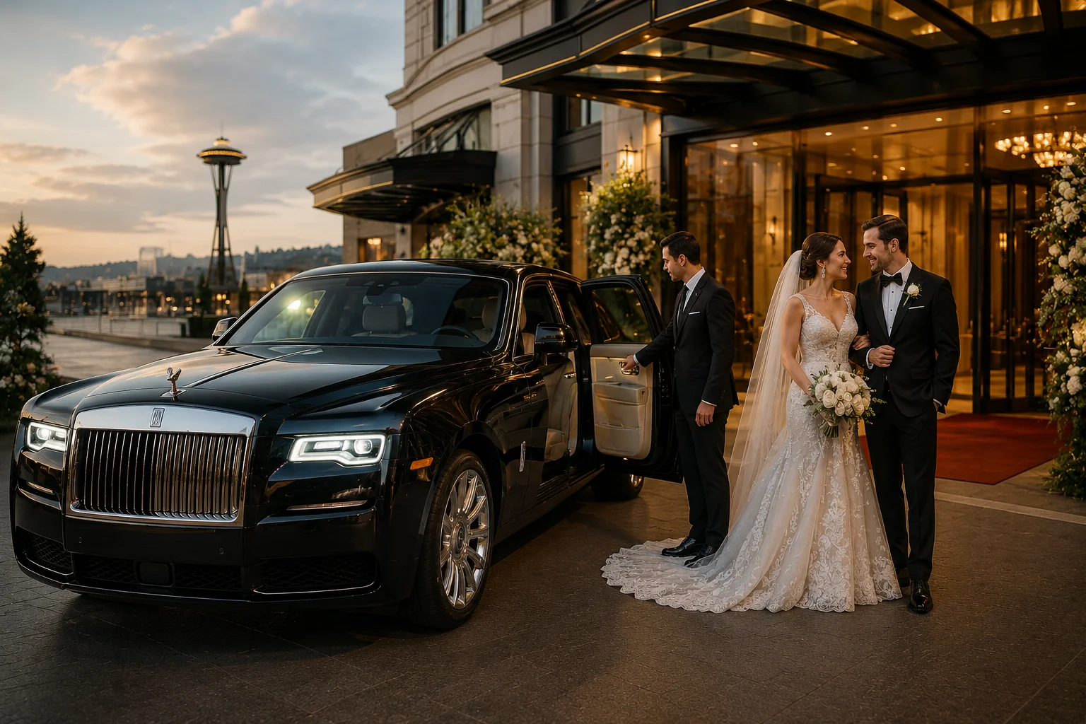 Bride stepping into a decorated luxury wedding limousine outside a venue